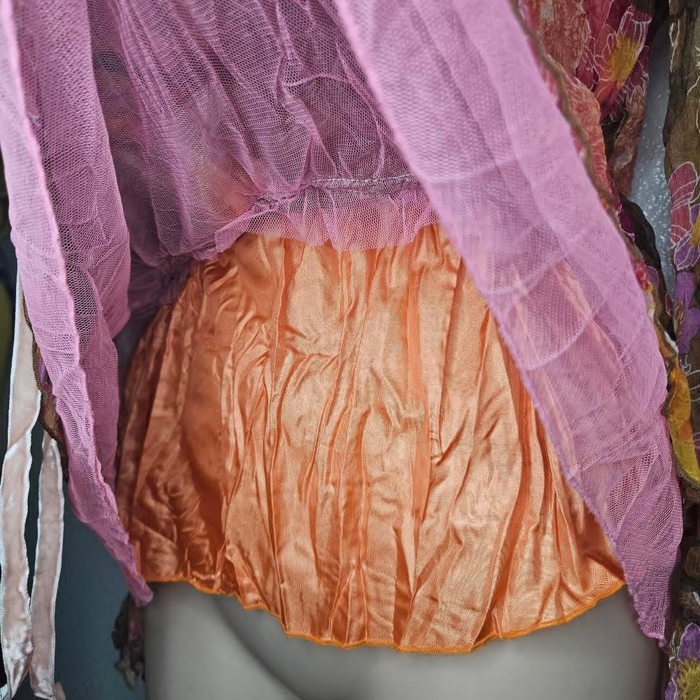 Méchant Silk Floral Chiffon Blouse Sheer Boho Layered Mesh Waist Tie Top - Picture 7 of 8